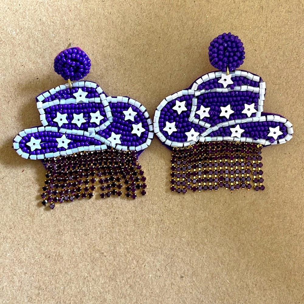 💜🤍McKenna Purple White Beaded Rhinestone Hat Earrings TCU